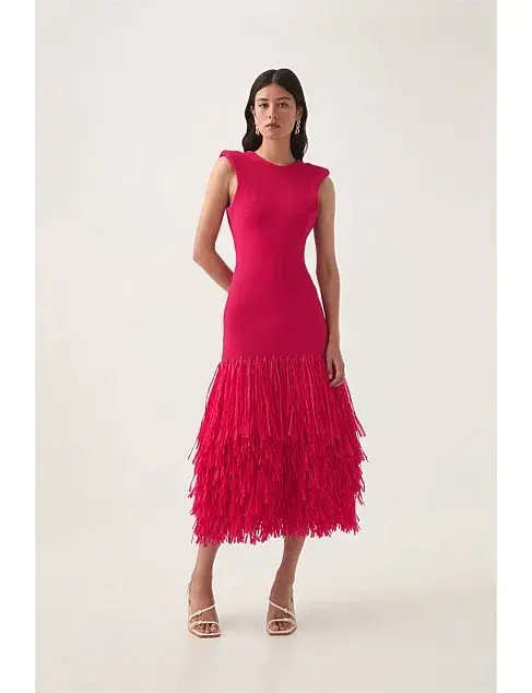 AJE RUSHES RAFFIA KNIT MIDI DRESS DEEP FUSCHIA SIZE AU 8 - Image 4