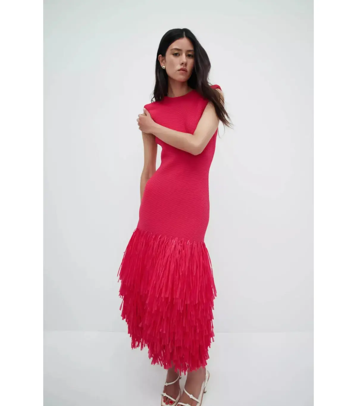 Aje Rushes Raffia Knit Midi Dress Deep Fuschia Size AU 8  - Image 5