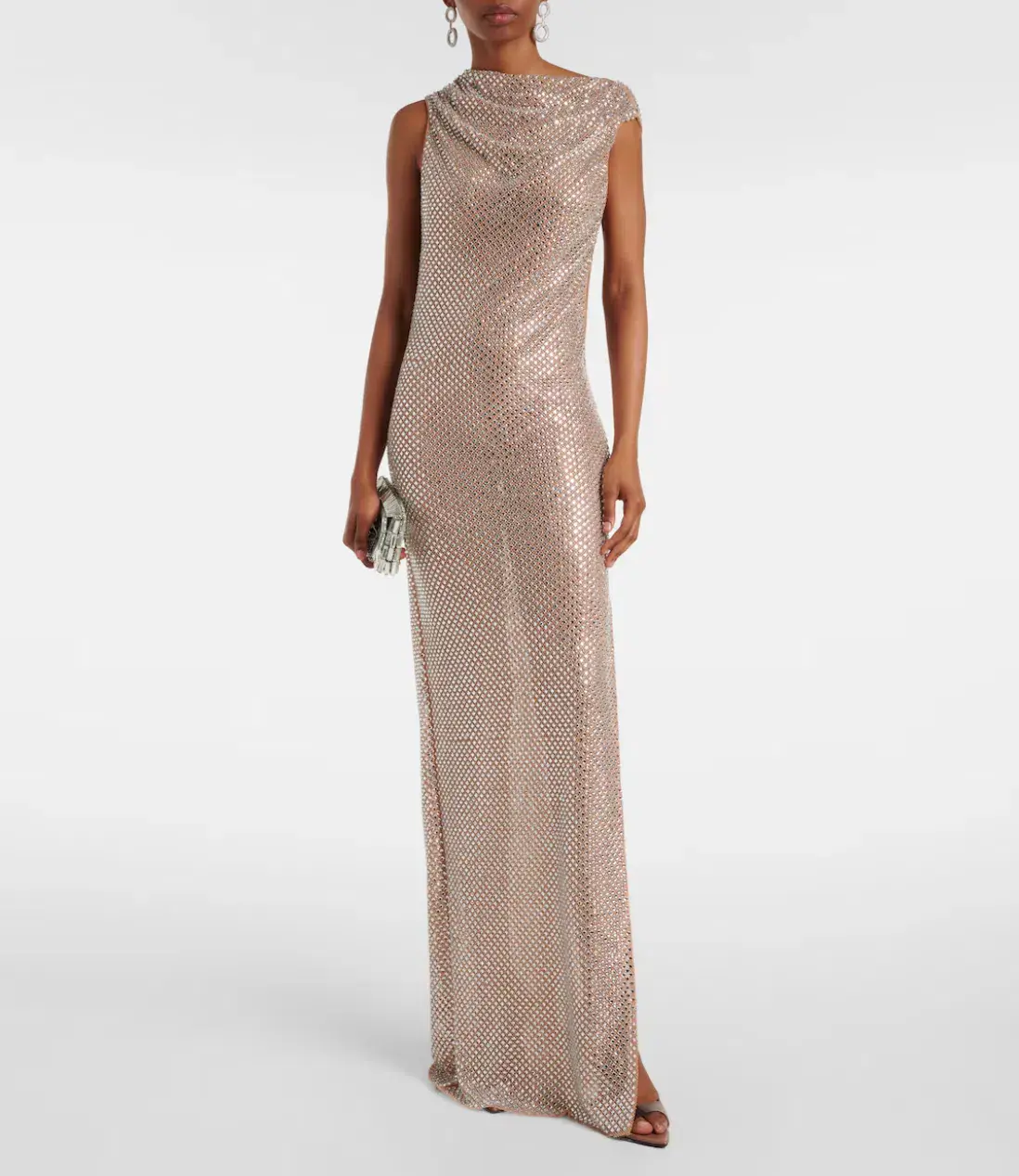 SELF-PORTRAIT SILVER RHINESTONE DRAPE OPEN BACK MAXI DRESS - Image 1