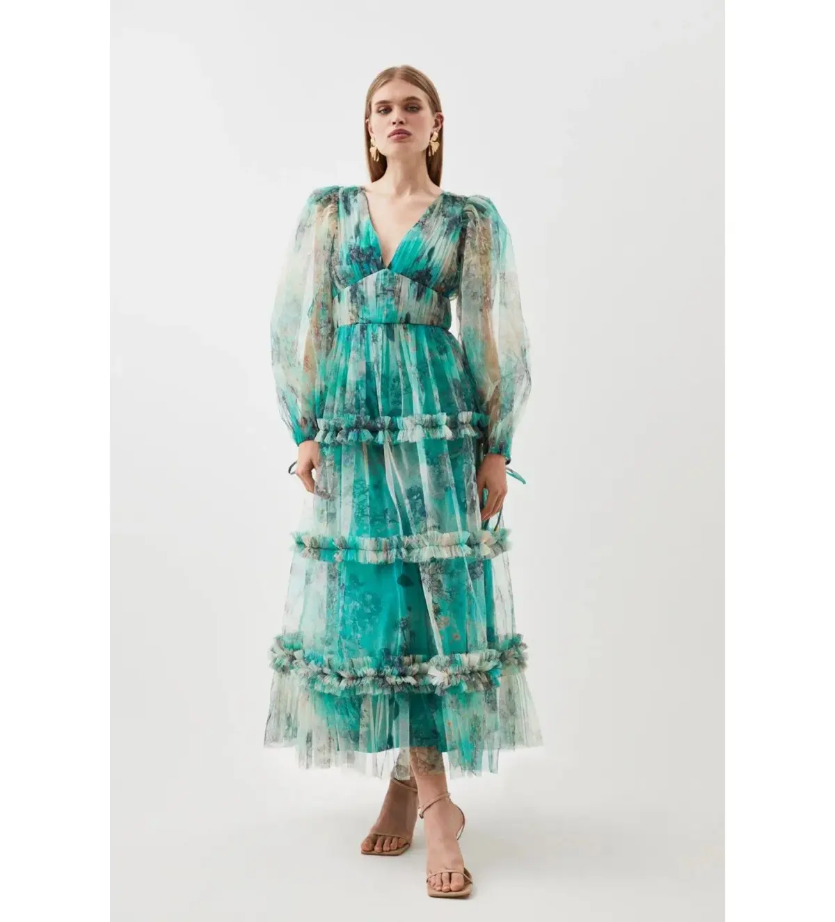Karen Millen Floral Tulle Plunge Maxi Dress Size 14  - Image 1