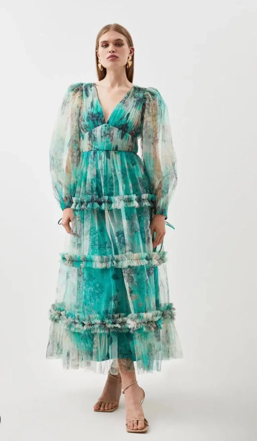 Floral Tulle Plunge Maxi Dress - Image 1