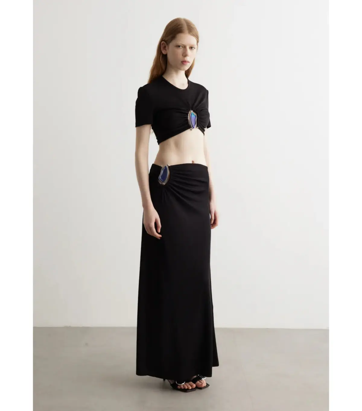 Christopher Esber Moodstone Ruched Crop T-Shirt and Maxi Skirt Black Size AU 8 - Image 1