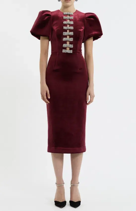 Rebecca Vallance Edwiena Puff Sleeve Bow Midi Dress Size 10 for rent on The Volte - main image