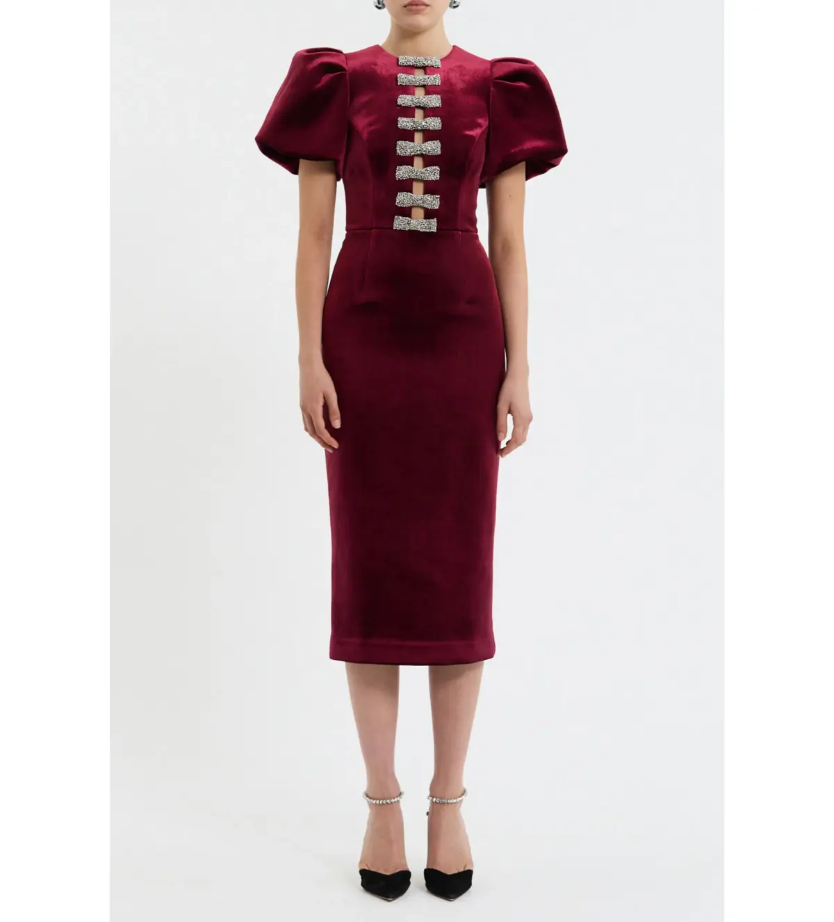 Rebecca Vallance Edwiena Puff Sleeve Bow Midi Dress Red Size 12 - Image 1