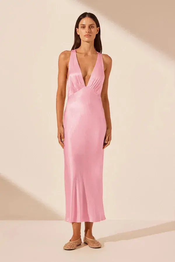 La Lune Plunged Cross Back Midi Dress Pink Size 10 for rent on The Volte - main image