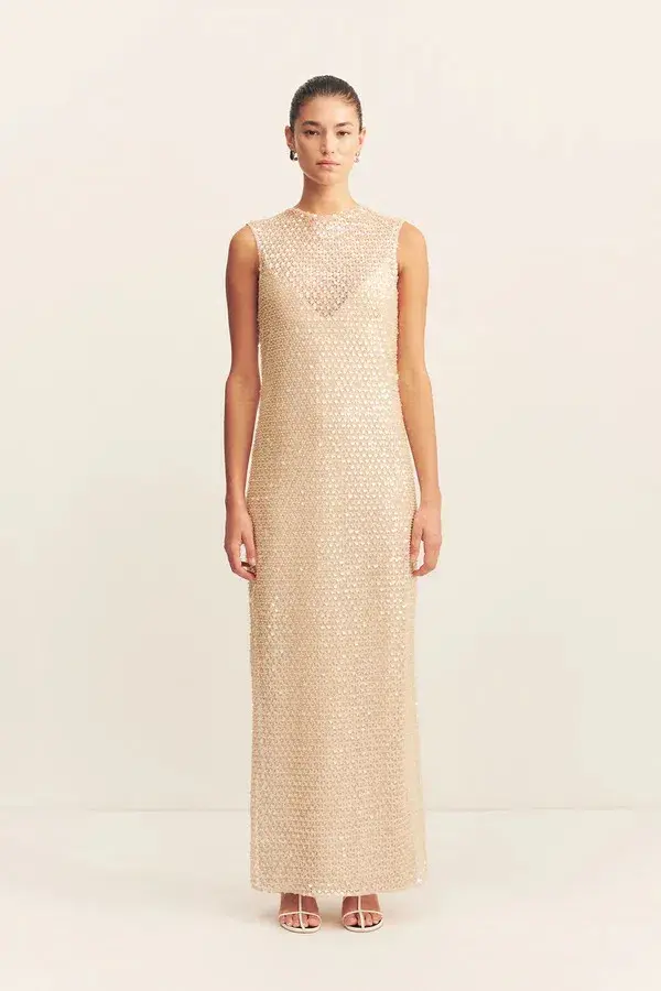 Shona Joy Everly High Neck Sleeveless Maxi Dress Macadamia Size 10 for rent on The Volte - main image