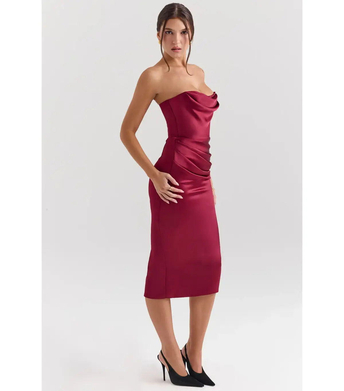 House Of CB Santana Satin Strapless Midi Dress Berry Size M / AU 10 - Image 3