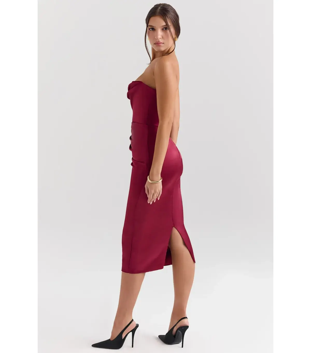 House Of CB Santana Satin Strapless Midi Dress Berry Size M / AU 10 - Image 4