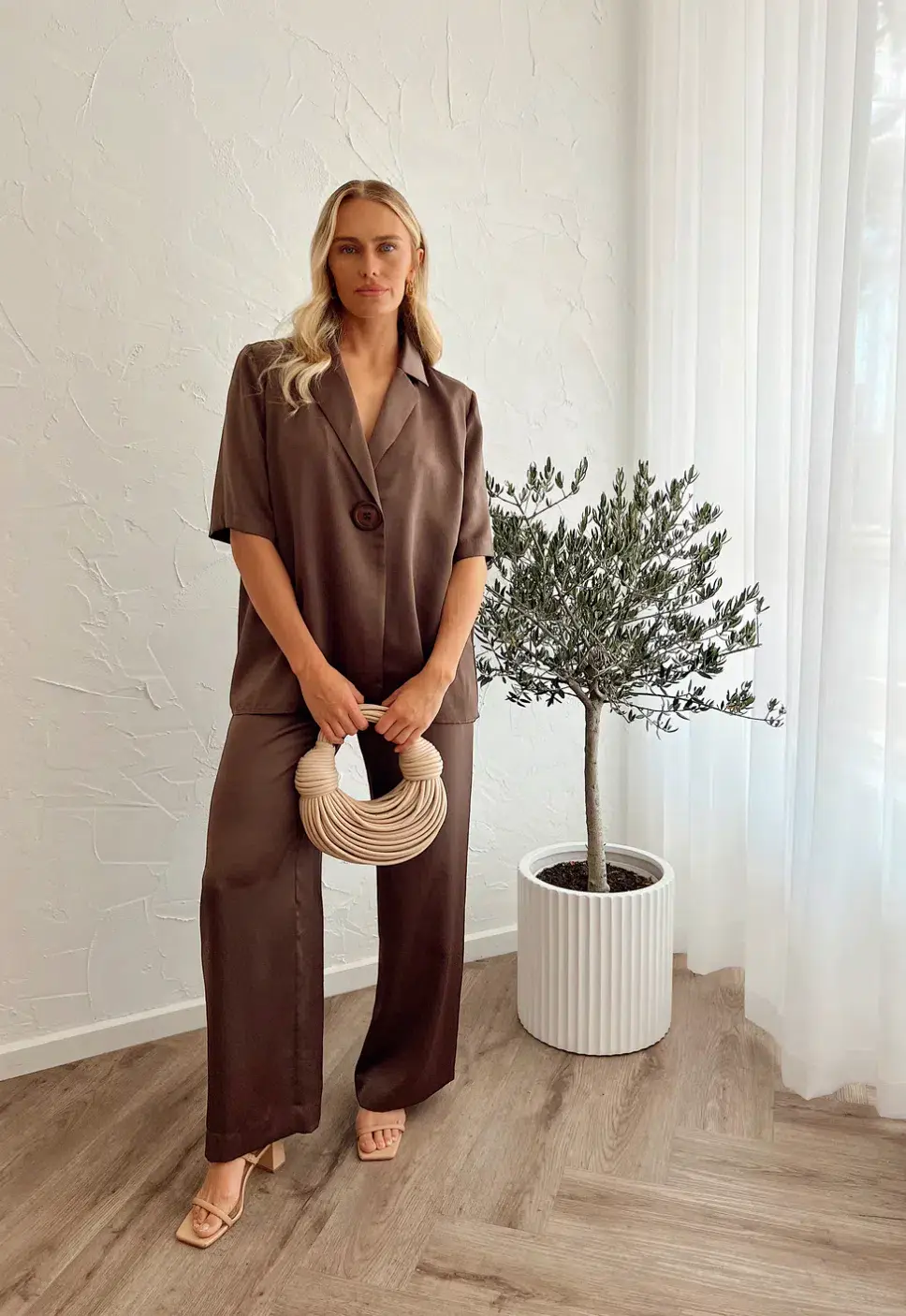 Viktoria and Woods Concert Shirt Size 0 / AU 6 and Pilot Pant Size 1 / AU 8 Set Chocolate for rent on The Volte - main image