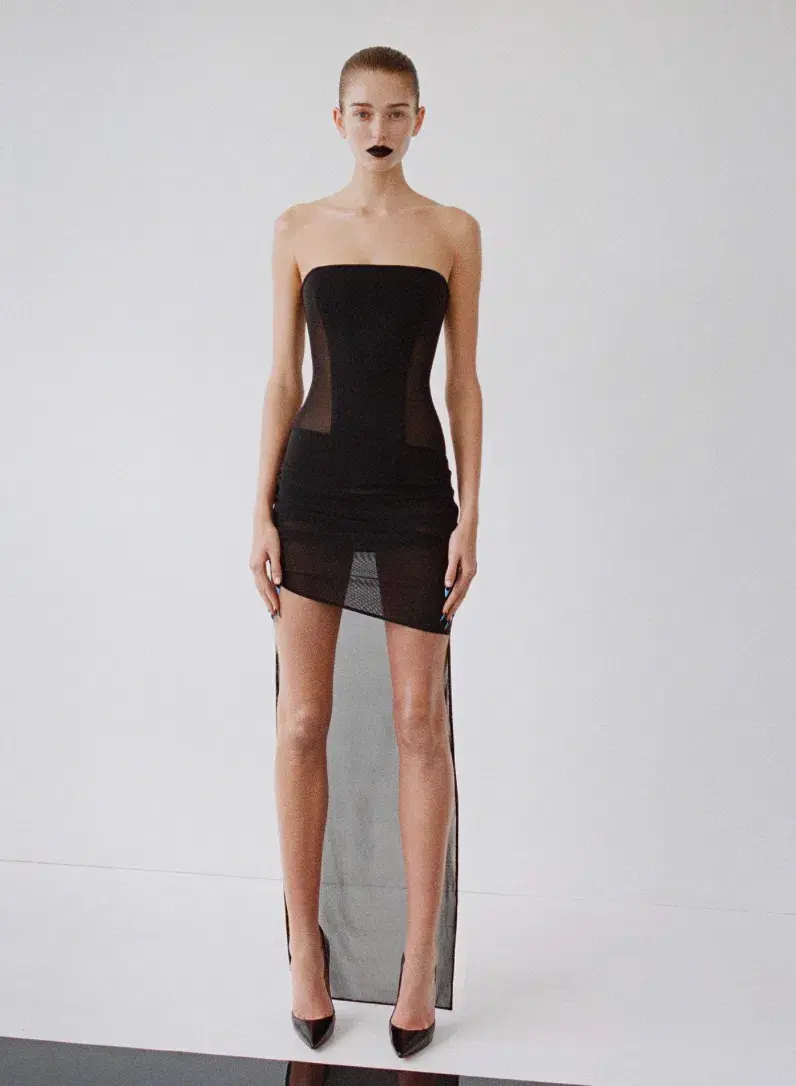 ALEX PERRY Strapless Longline Asymmetrical High Low Mini Dress in Black Stretch Mesh AU 10  - Image 6