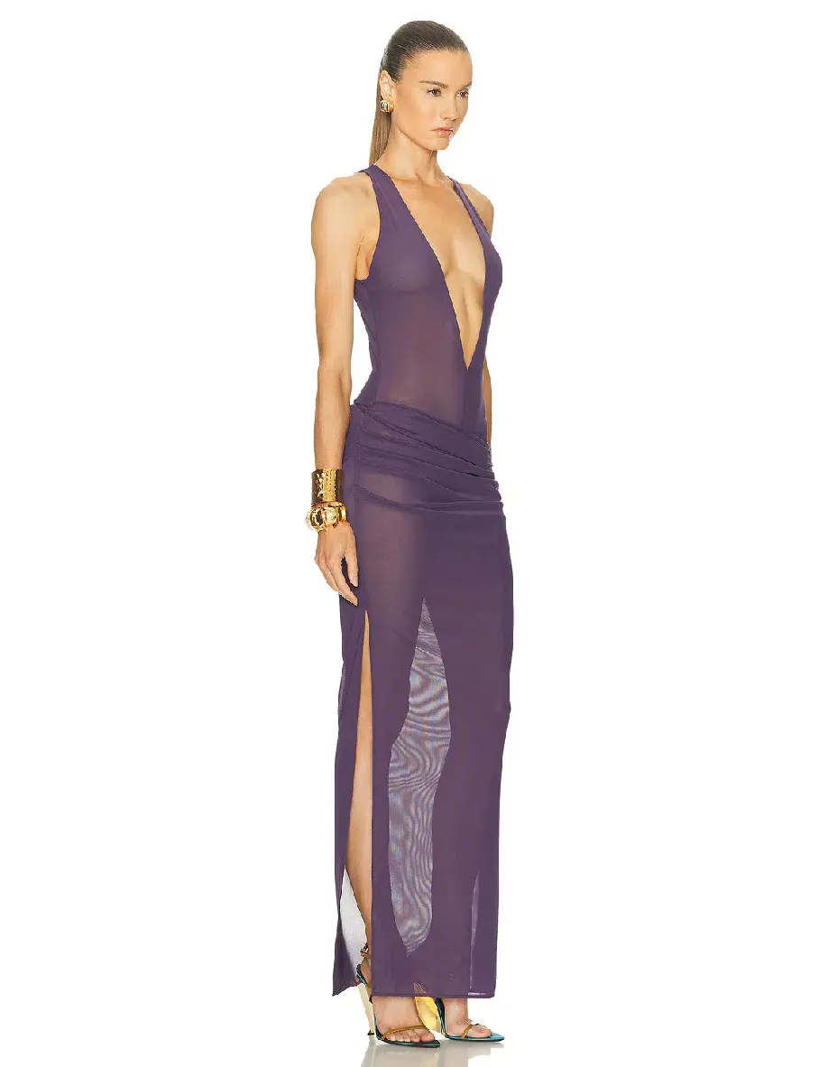 Alex Perry Tucked Halter Column in Stretch Mesh Purple AU 8  - Image 2