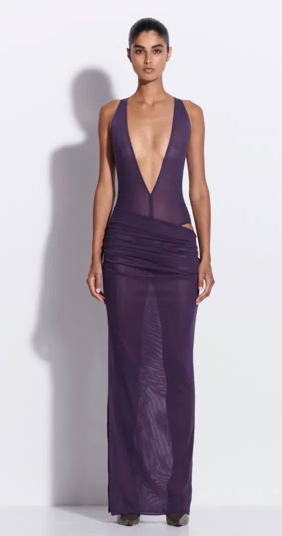 Alex Perry Tucked Halter Column in Stretch Mesh Purple AU 10 - Image 1