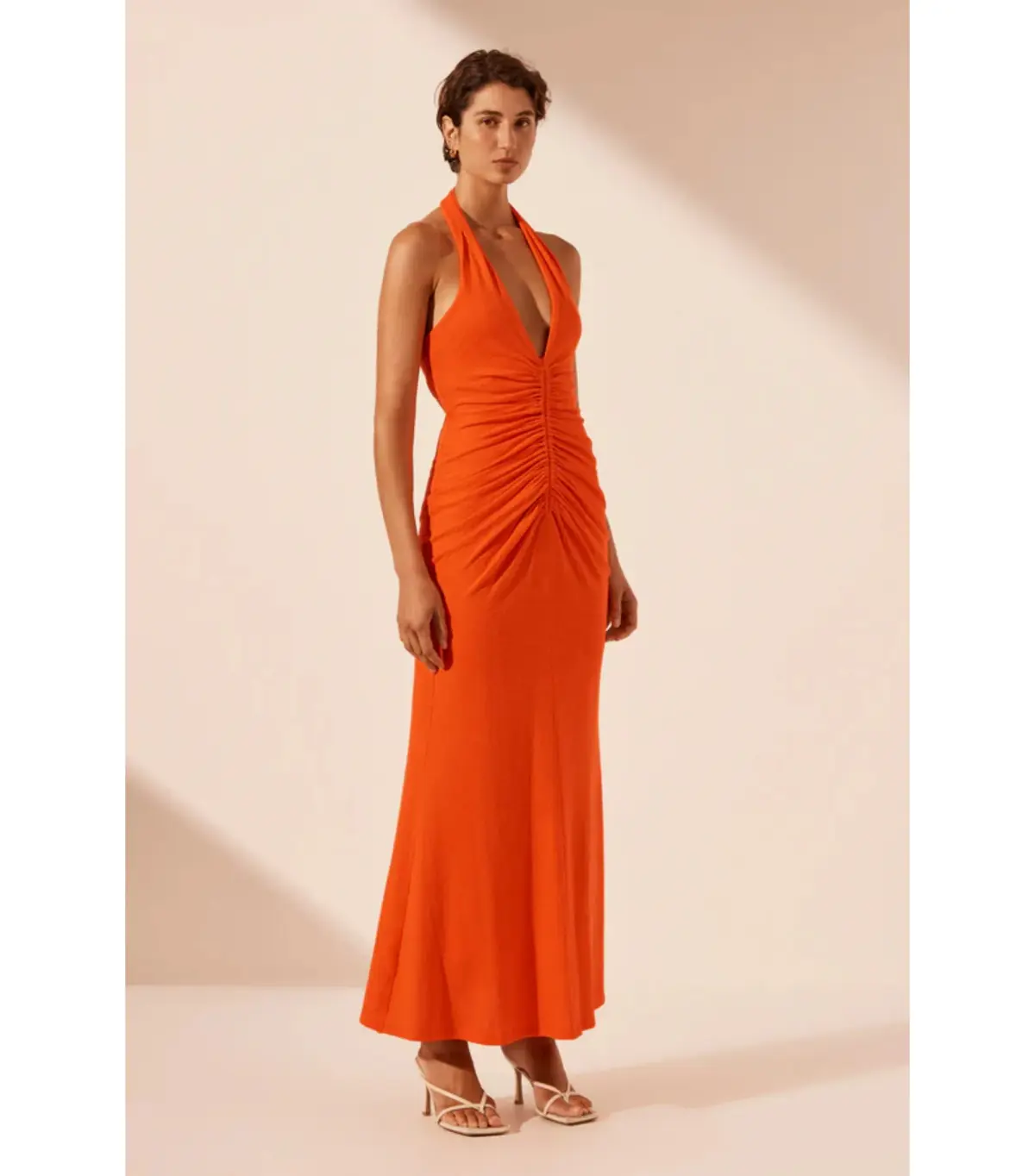 Shona Joy Beau Halter Ruched Midi Dress Hibiscus Size AU 8 - Image 3