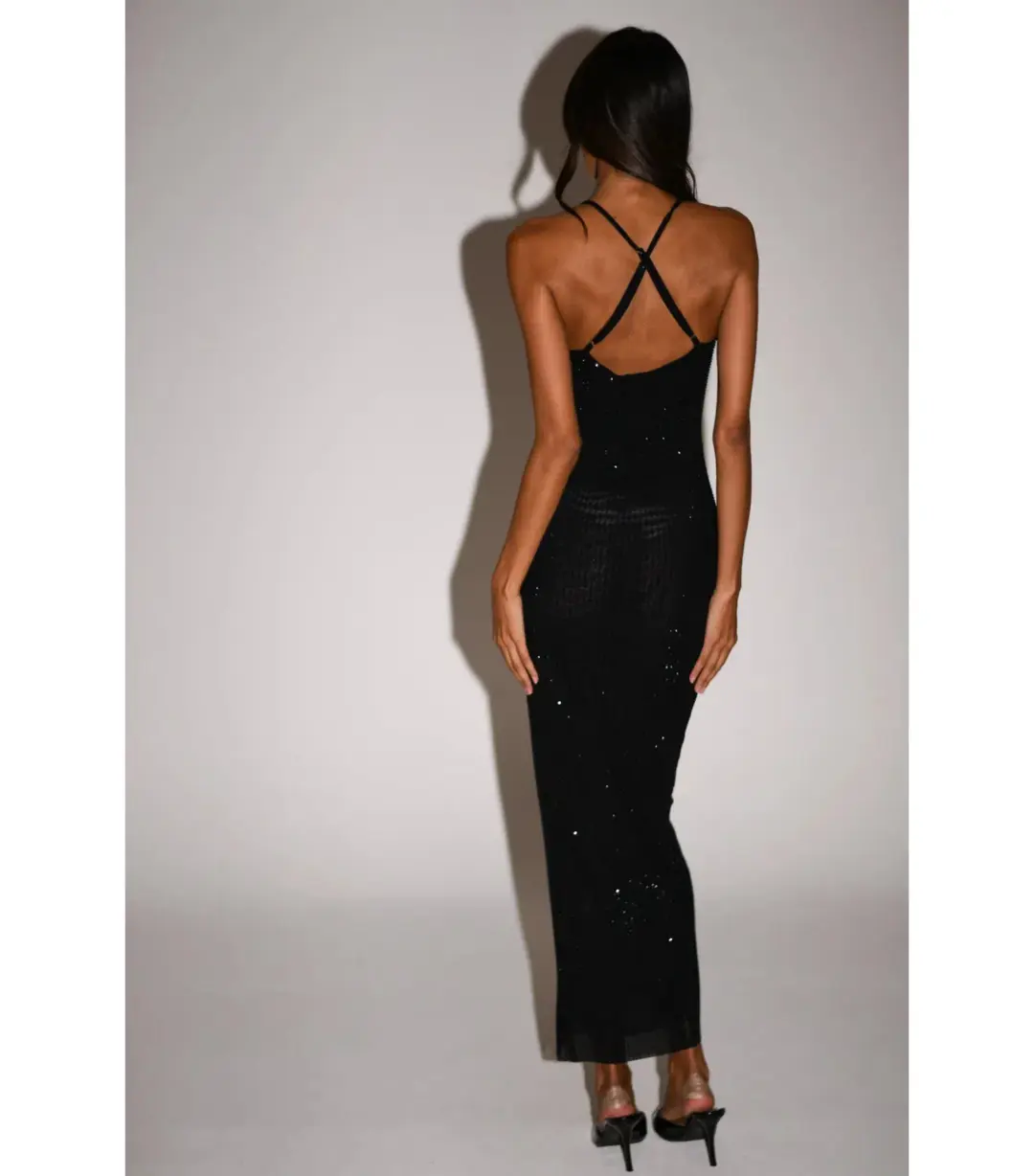 Meshki Emeraude Diamanté Ruched Midi Dress Black Size S / AU 8 for rent on The Volte - main image