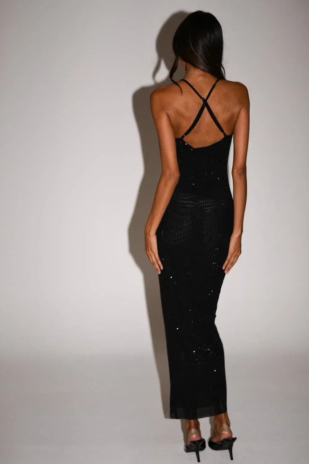 MESHKI Emeraude Diamanté Ruched Midi Dress Black - Size S (equivalent to AU 8) - Image 2