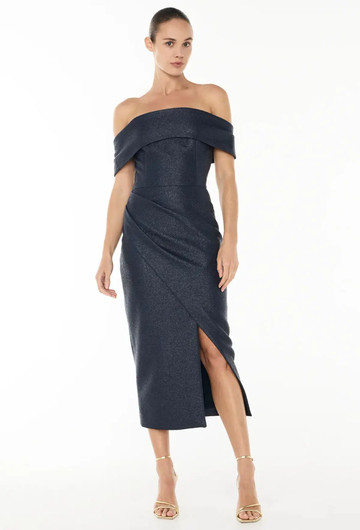 Manning Cartel - Micro Weave Off Shoulder Dress - Size 12 - NAVY - Image 1