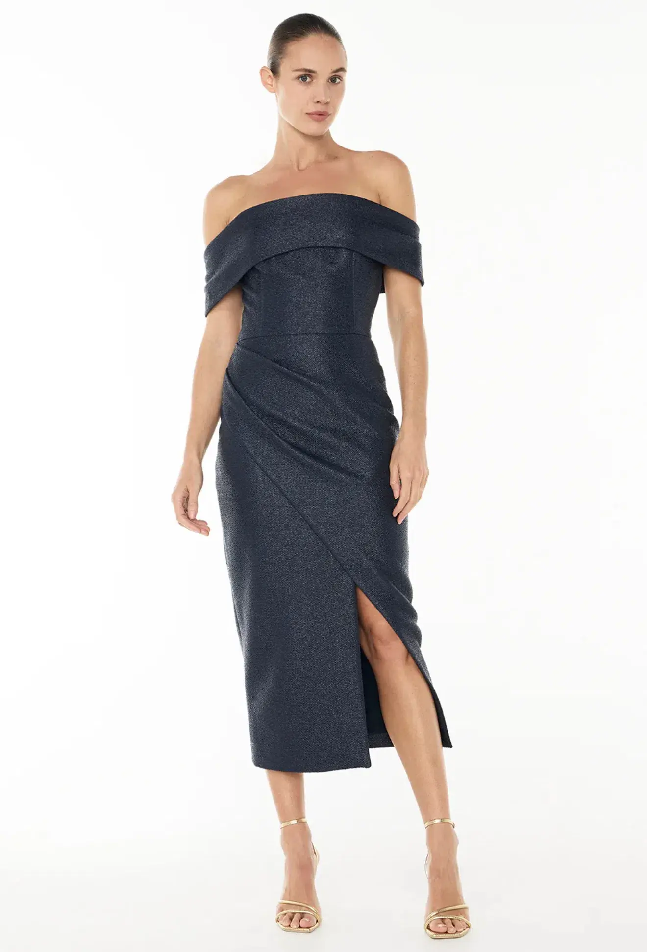 Manning Cartel - Micro Weave Off Shoulder Dress - Size 12 - NAVY - Image 1