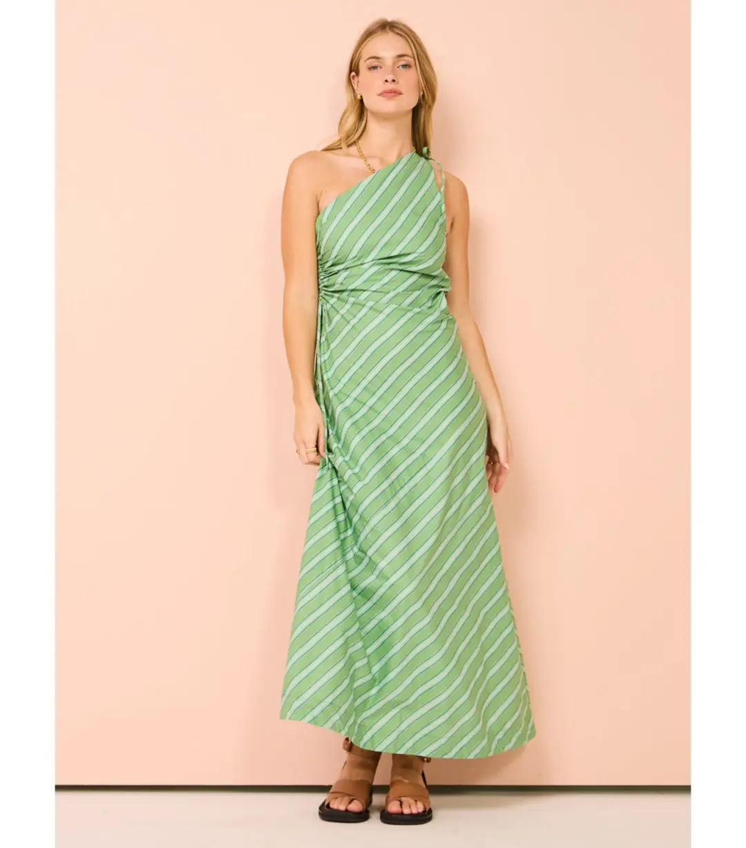Faithfull Laureles Midi Dress in Akaia Stripe Green Size XS / AU 6  for rent on The Volte - main image