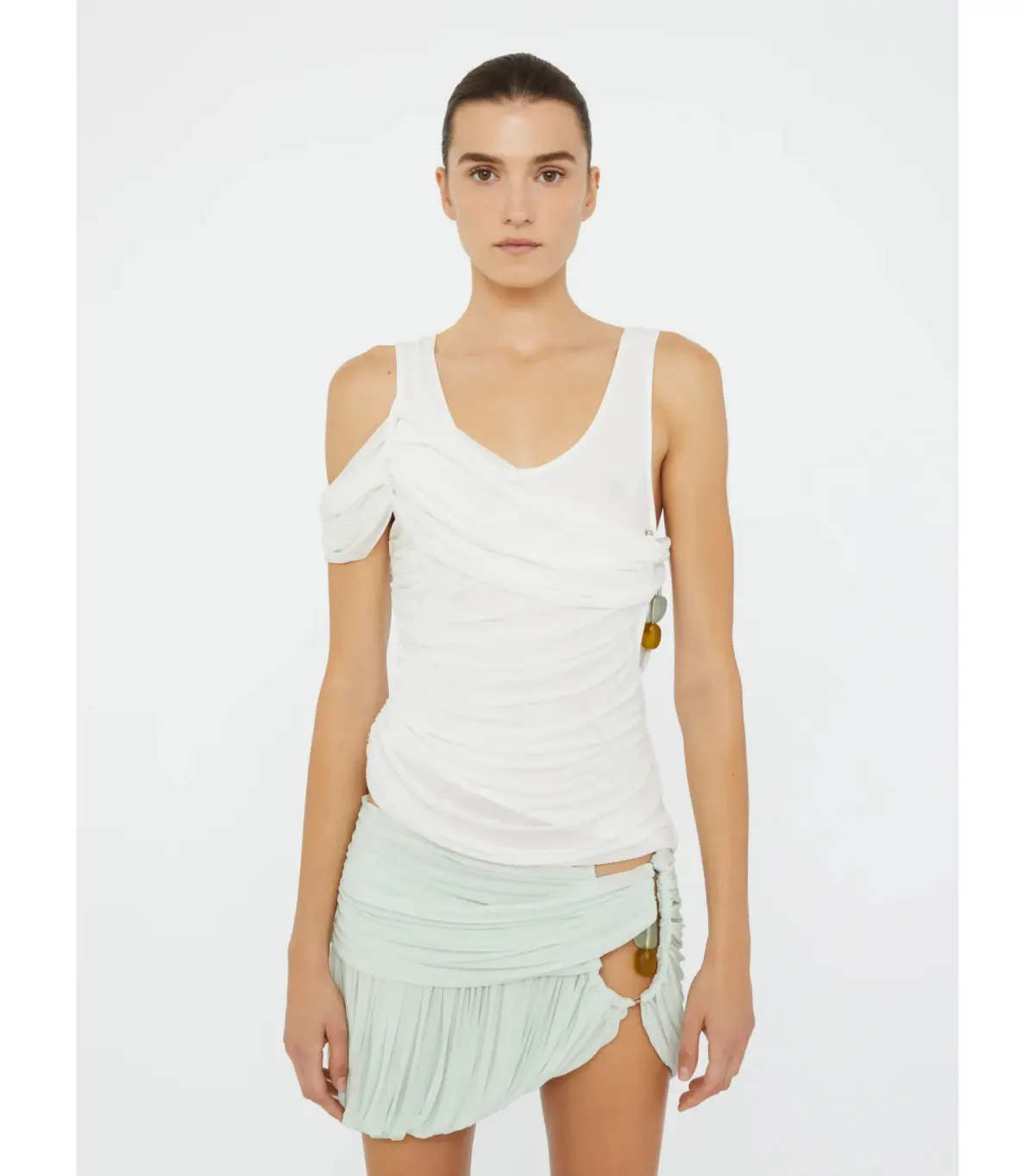 Christopher Esber Beach Glass Shawl Jersey Tank White and Bubble Mini Skirt Mint Size AU 10 - Image 3