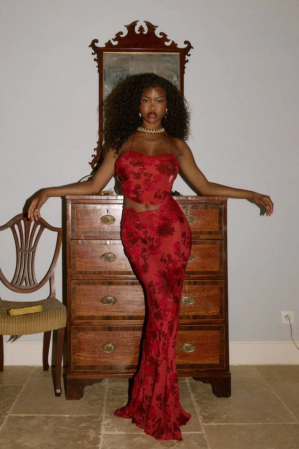 BYDEE FLEURIE MAXI SKIRT & AURELIE TOP IN ROSÉ. SIZE XS / AU 6-8 for rent on The Volte - main image