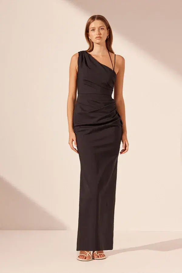 Shona Joy Lani Asymmetrical Gathered Maxi Dress Black Size 10 - Image 1