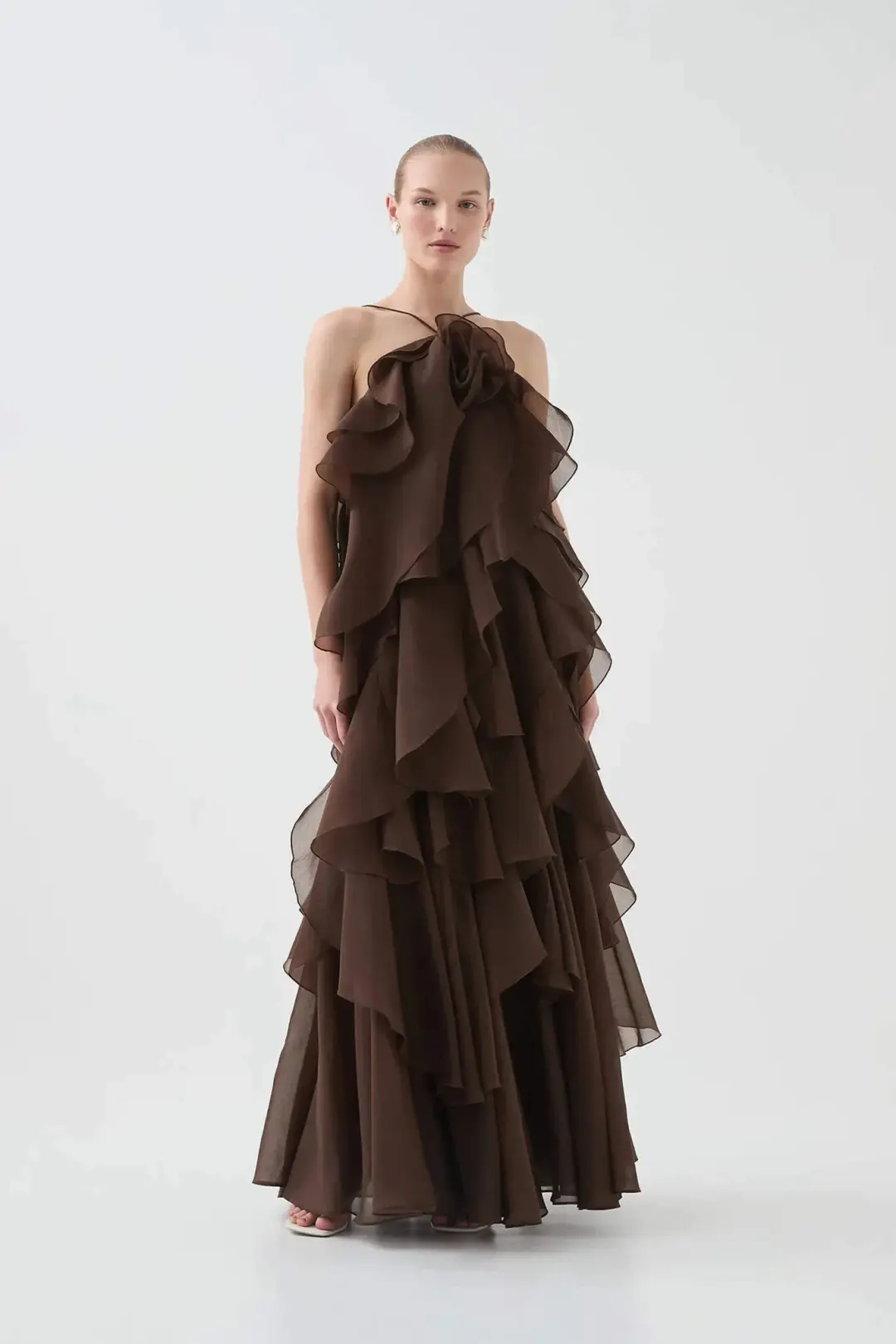Aje Pandorea Layered Maxi Dress in Carob Size AU 10 for rent on The Volte - main image