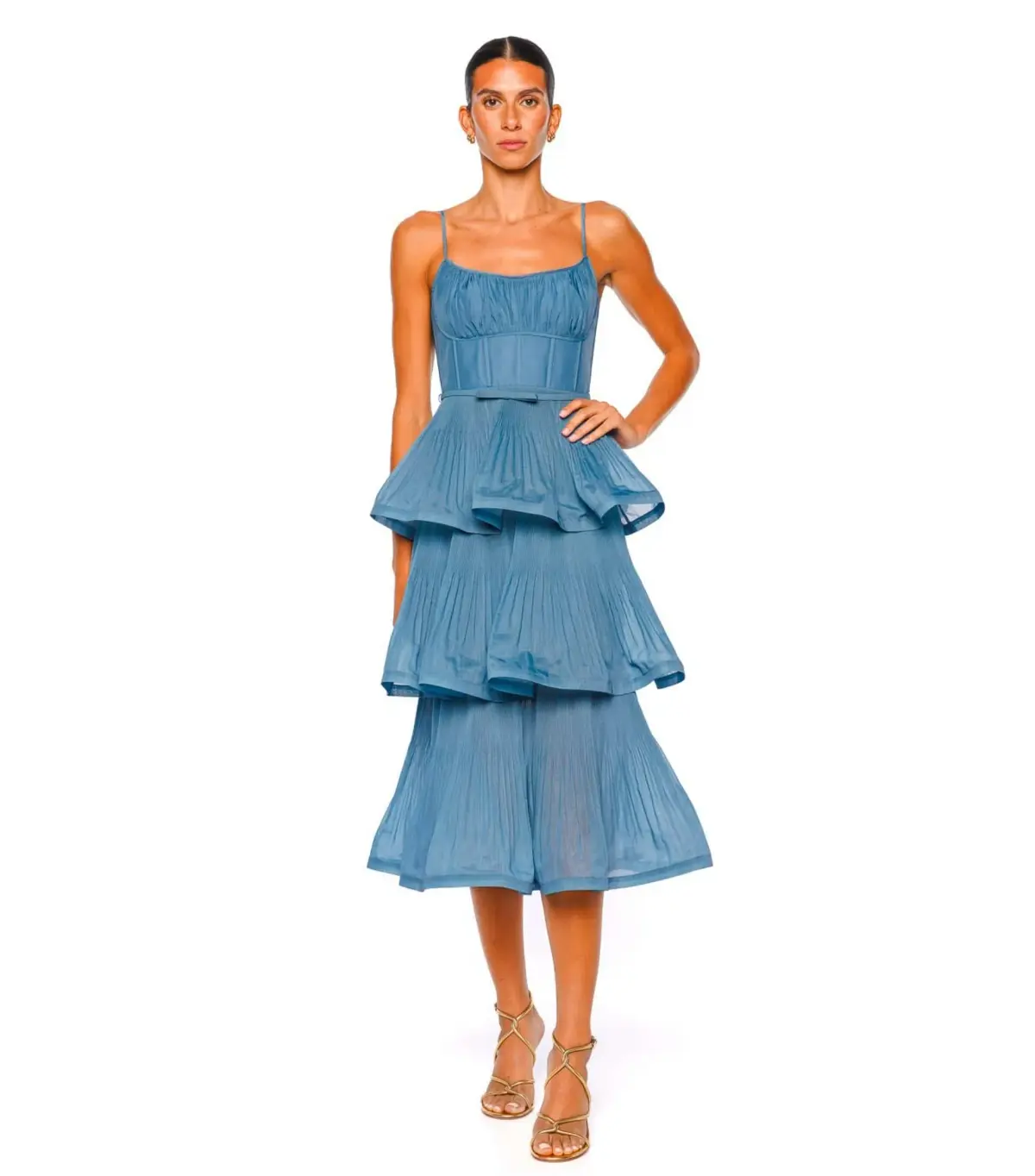 Zimmermann Pleated Tiered Midi Dress Deep Blue 0 / AU 8 - Image 1