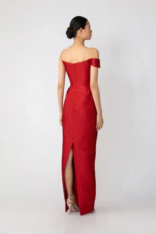 Sau Lee Jackson Red Jacquard Gown - Image 2
