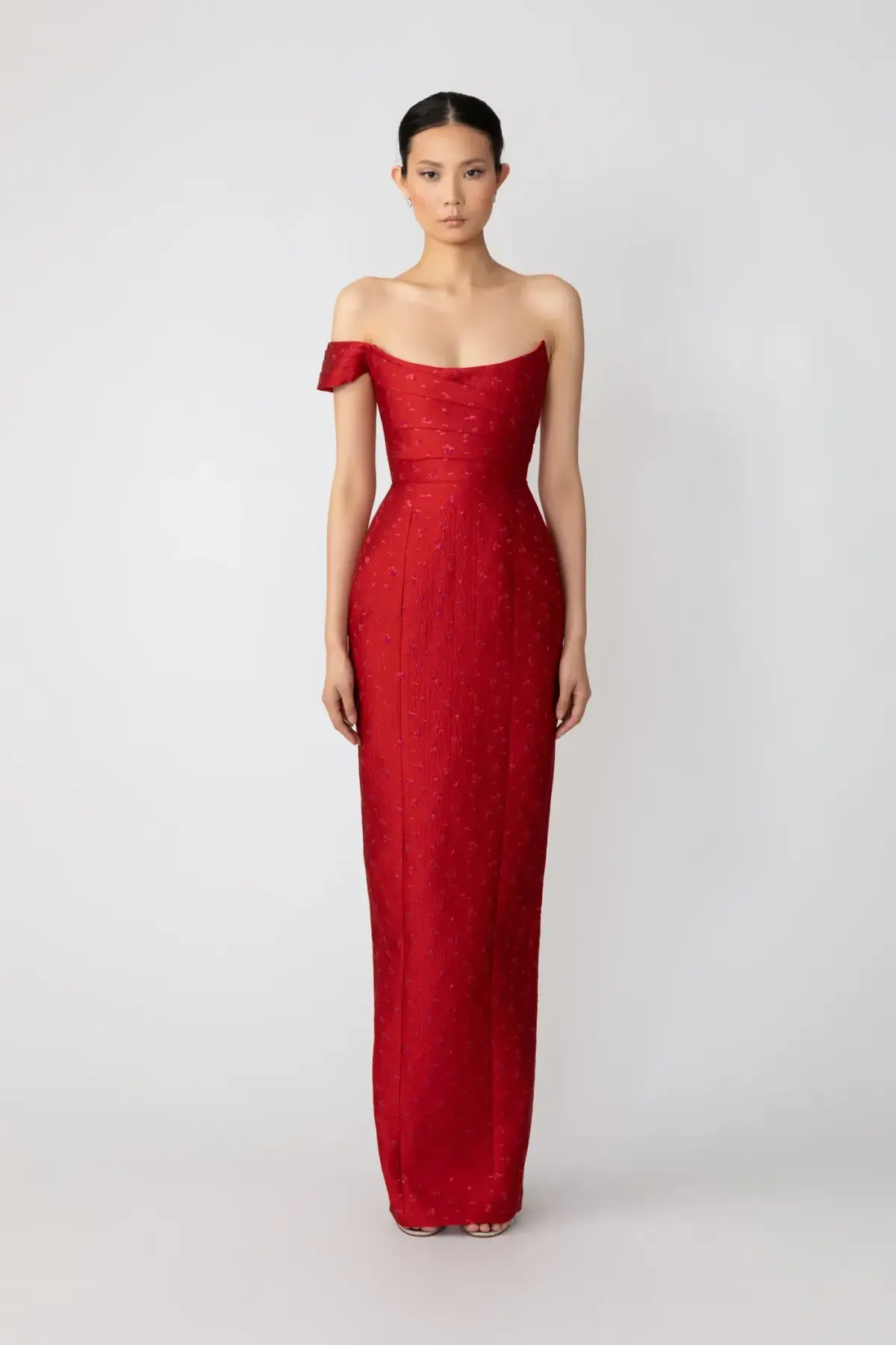 Sau Lee Jackson Red Jacquard Gown - Image 1