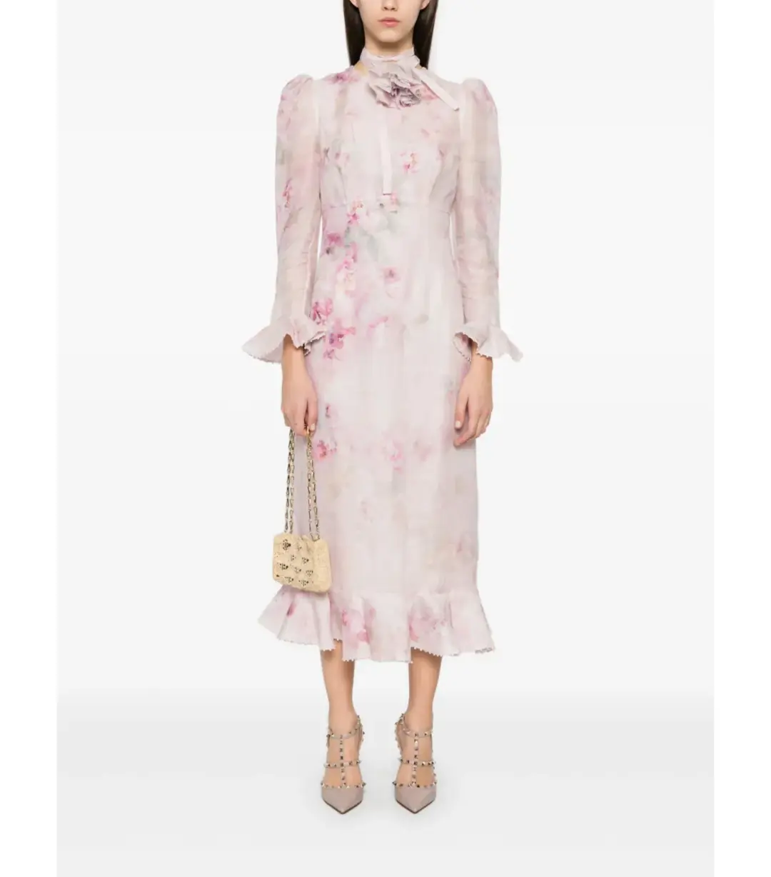 Zimmermann Crush Flower Midi Dress in Pink Floral Size 1 / AU 10 for rent on The Volte - main image
