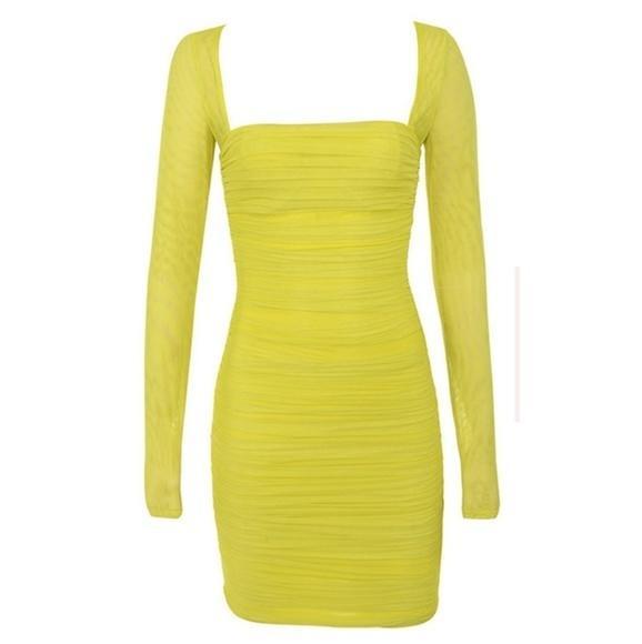 House of CB Valentina Chartreuse Long Sleeve Ruched Organza Mini Dress Yellow Size 6 - Image 2