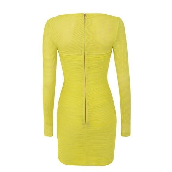 House of CB Valentina Chartreuse Long Sleeve Ruched Organza Mini Dress Yellow Size 6 - Image 3