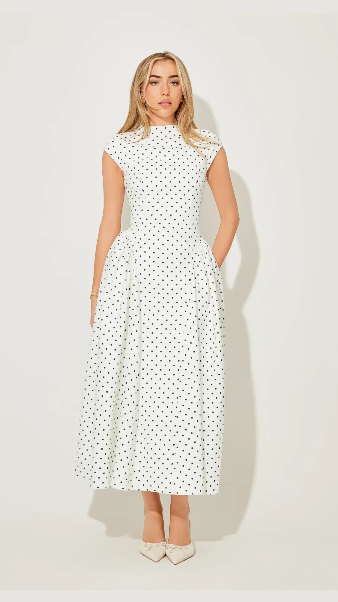 Odd Muse Cap Sleeve Midi Dress in White Polka Dot Size s (8) - Image 2