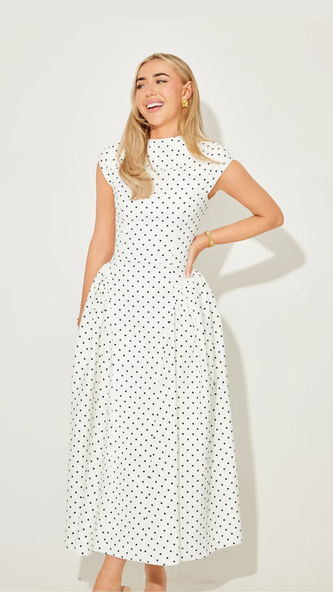 Odd Muse Cap Sleeve Midi Dress in White Polka Dot Size s (8) - Image 4
