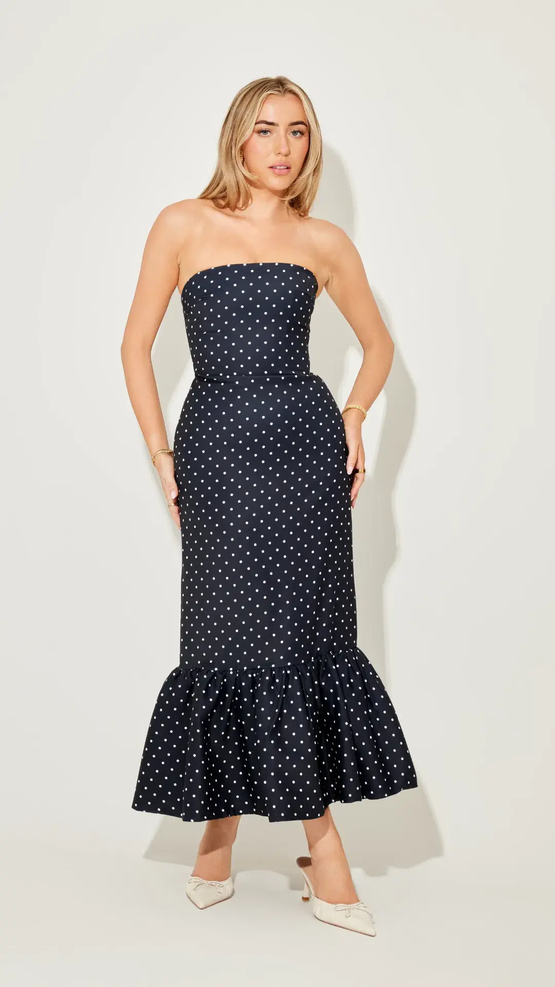 Odd Muse Strapless Peplum Midi Dress in Navy Polka Dot Size M (10) - Image 2