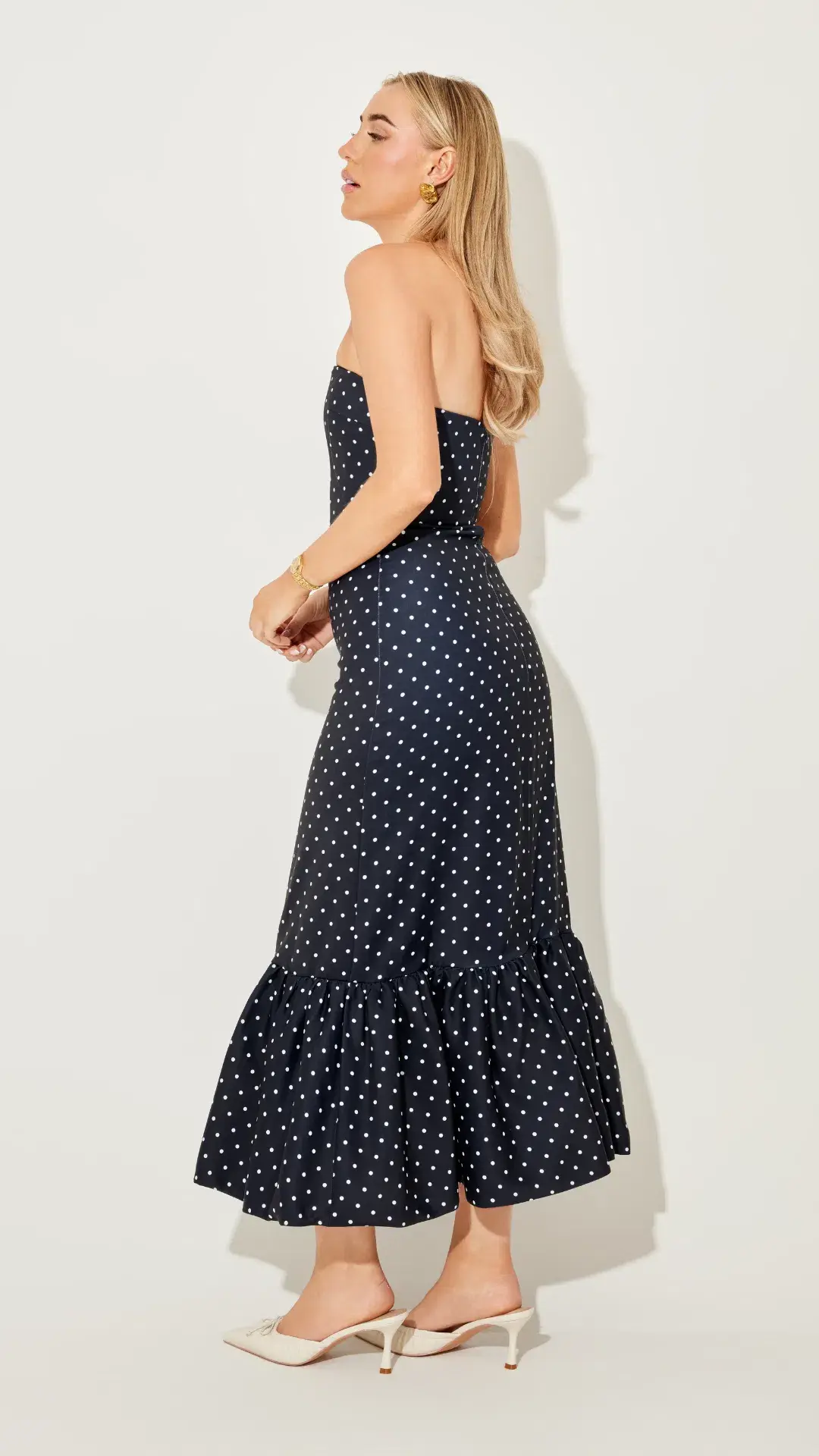 Odd Muse Strapless Peplum Midi Dress in Navy Polka Dot Size M (10) - Image 3