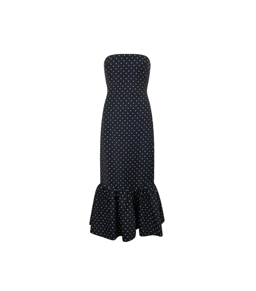 Odd Muse Strapless Peplum Midi Dress in Navy Polka Dot Size M / AU 10 for rent on The Volte - main image