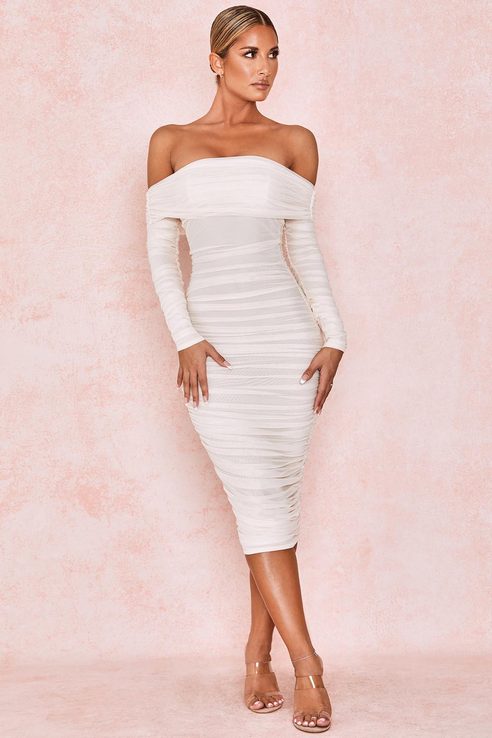 House of CB Anais Off Shoulder Ruched Midi Dress White Size 8 - Image 1