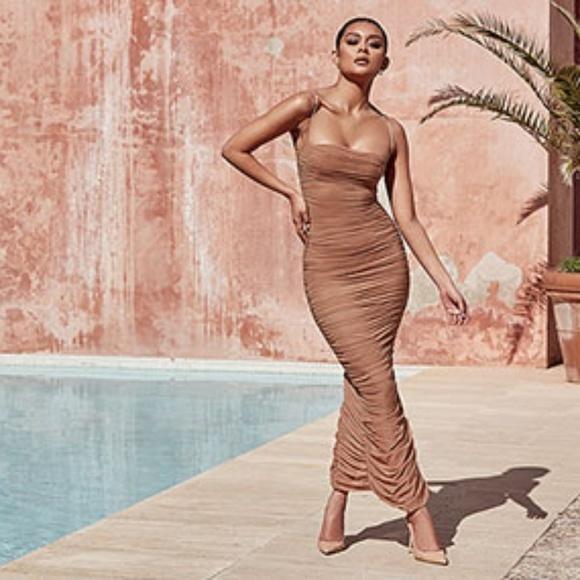 House of CB Fornarina Organza Mesh Midi Dress Tan Size 8 - Image 3