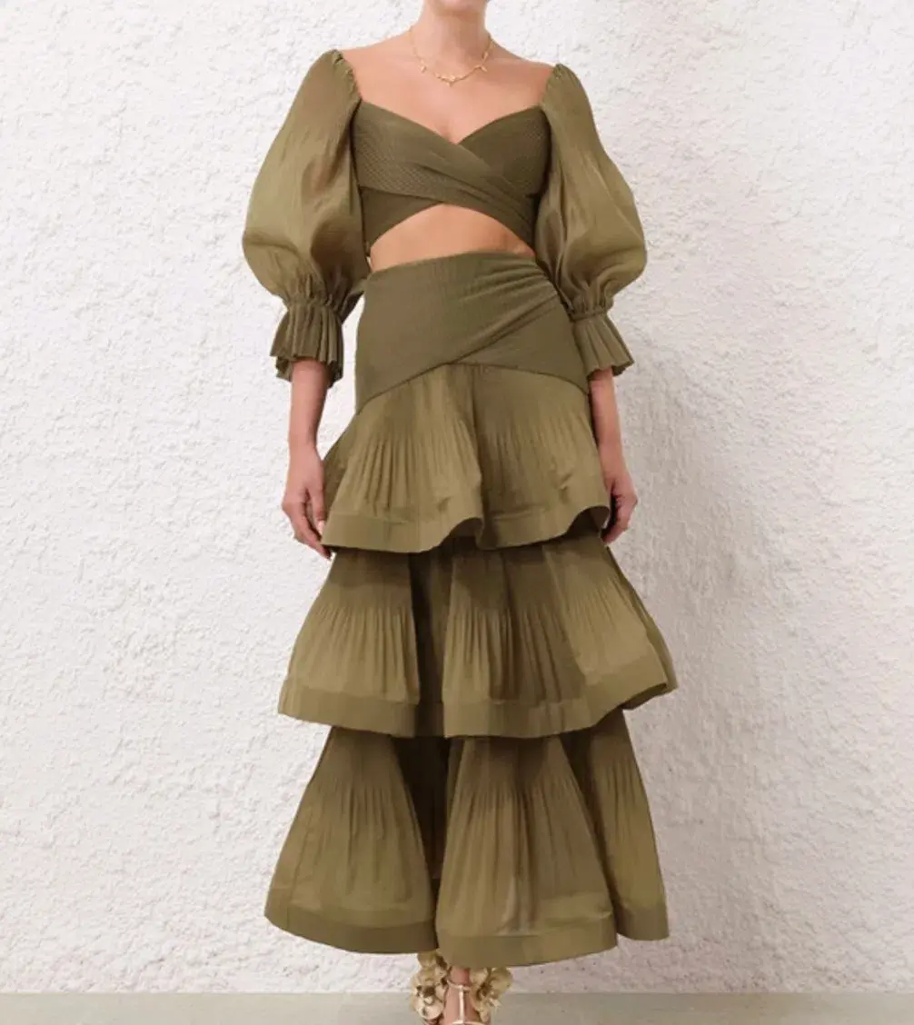 Zimmermann Pleated Bodice and Tiered Skirt Set in Olive Size 2 for rent on The Volte - main image