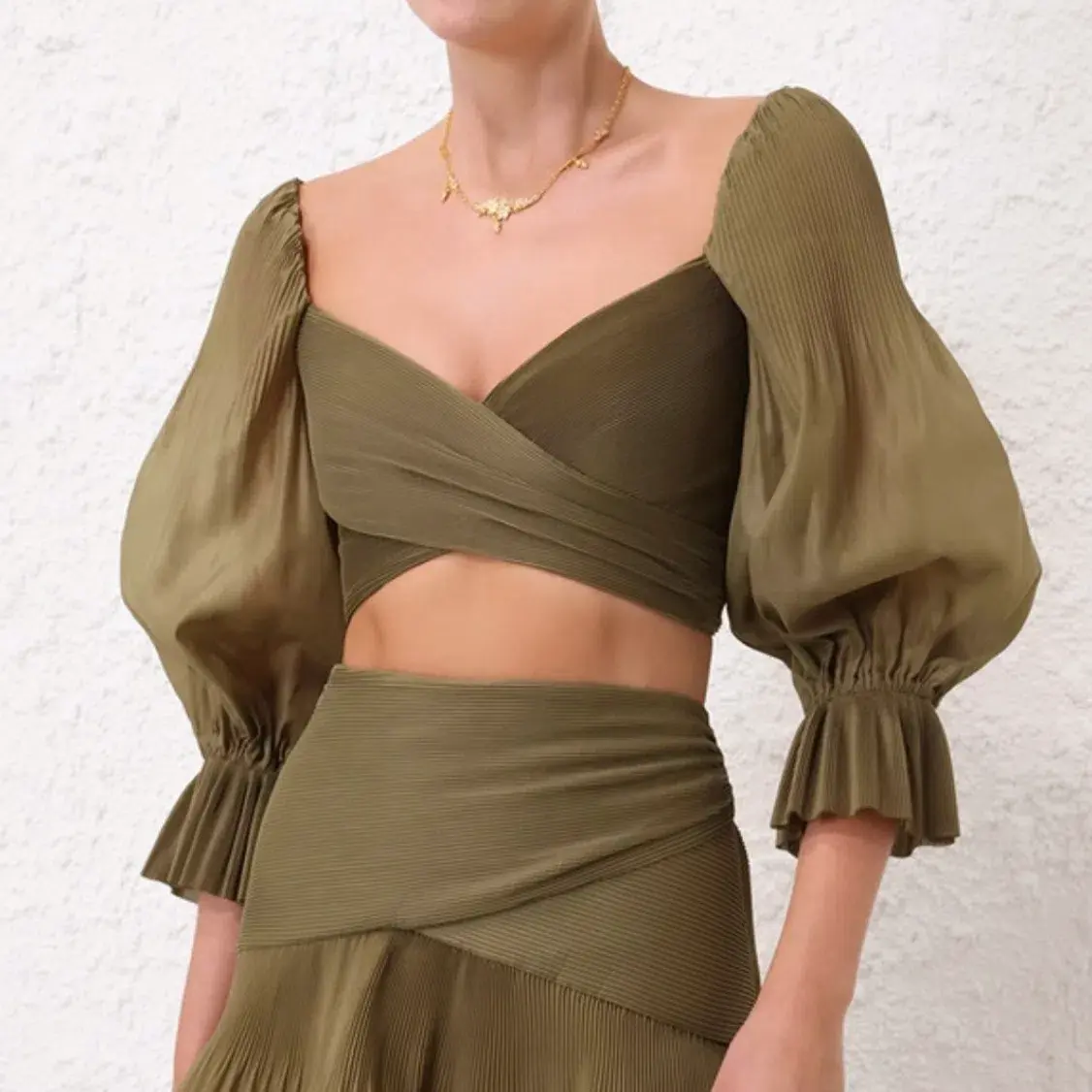 Zimmermann Pleated Bodice and Tiered Skirt Set in Olive Size 2 - Image 1
