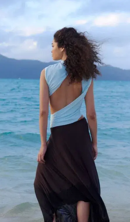 Bec and Bridge Conni Asym Midi Dress in Arctic Blue and Dark Chocolate Size 6 - Image 4