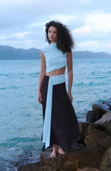 Bec and Bridge Conni Asym Midi Dress in Arctic Blue and Dark Chocolate Size 6 - Image 1
