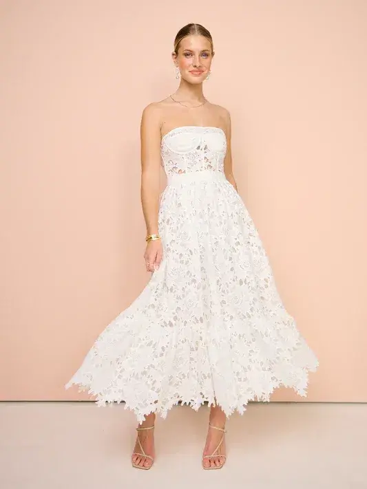 Emilia Lace Bustier Midi Dress In Snow - Image 1