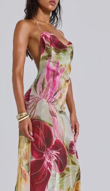 Jaded London Dahlia Hand-Beaded Backless Chiffon Maxi Dress in Rosa - Image 1