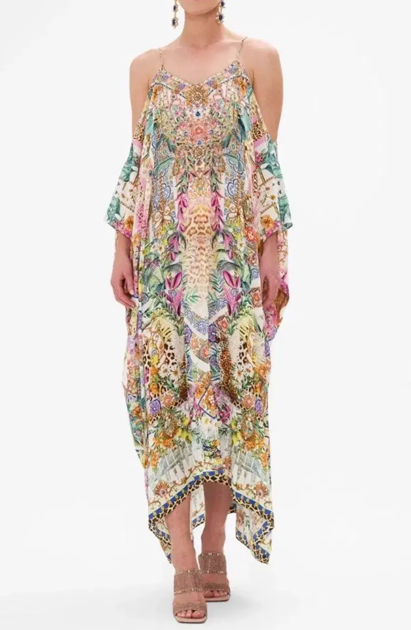 Camilla Shoestring Strap Kaftan Flowers Of Neptune One Size Silk Dress - Image 1