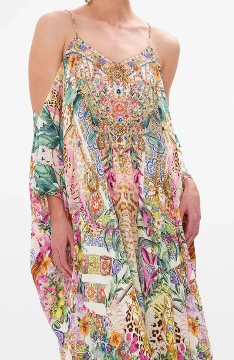 Camilla Shoestring Strap Kaftan Flowers Of Neptune One Size Silk Dress - Image 3