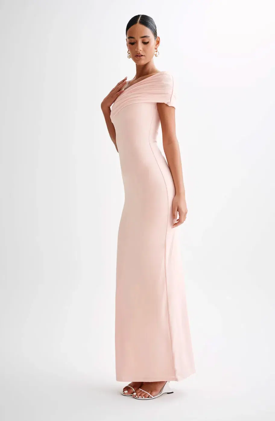 Meshki Cassandra Off Shoulder Slinky Maxi Dress Pale Pink Size XS - Image 3