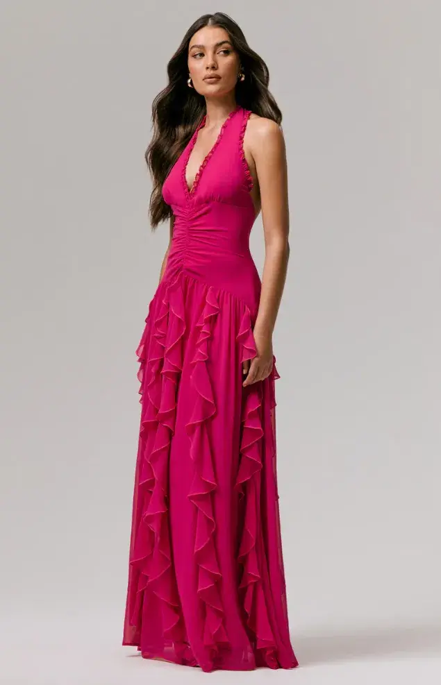 Bea Plunge Neck Ruffled Maxi Dress Hot Pink Size AU 6 for rent on The Volte - main image
