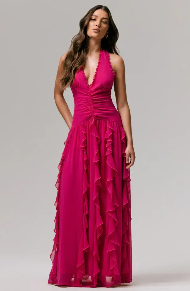 Bea Plunge Neck Ruffled Maxi Dress Hot Pink Size AU 6 - Image 1